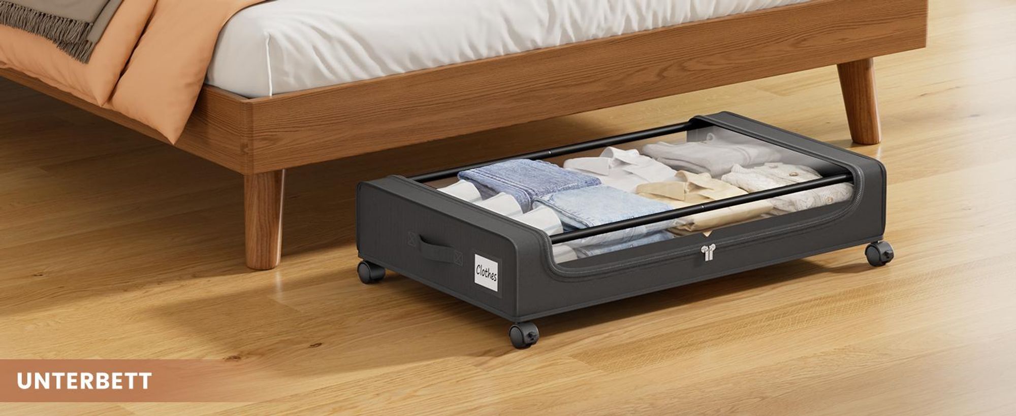2 Stück Unterbett-Aufbewahrungsboxen mit Rollen, 50 L, 16 cm hoch, mit transparentem Deckel, Unterbettkommode für Kleidung, Bettwäsche und Schuhe