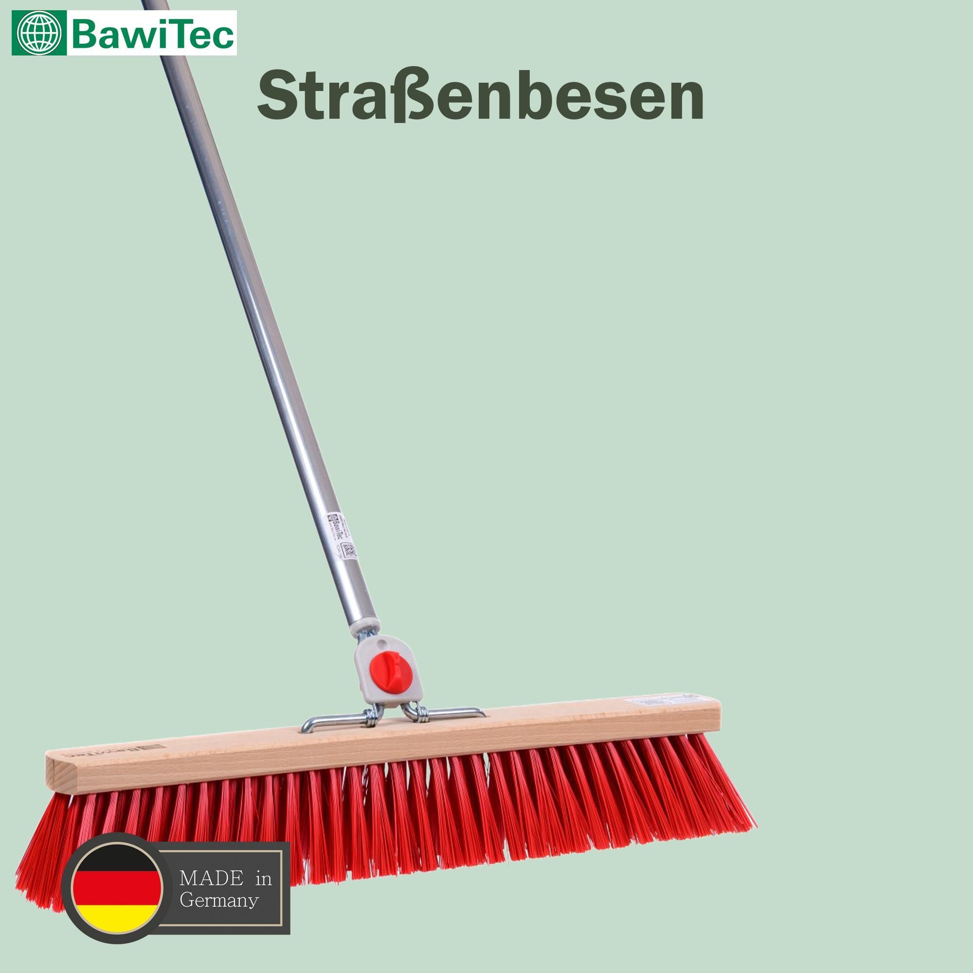 Hochwertiger Straßenbesen 60cm Breit mit 4-Loch Wechselsystem und Aluminiumstiel Besen mit Stiel rote Kunststoff-Borsten