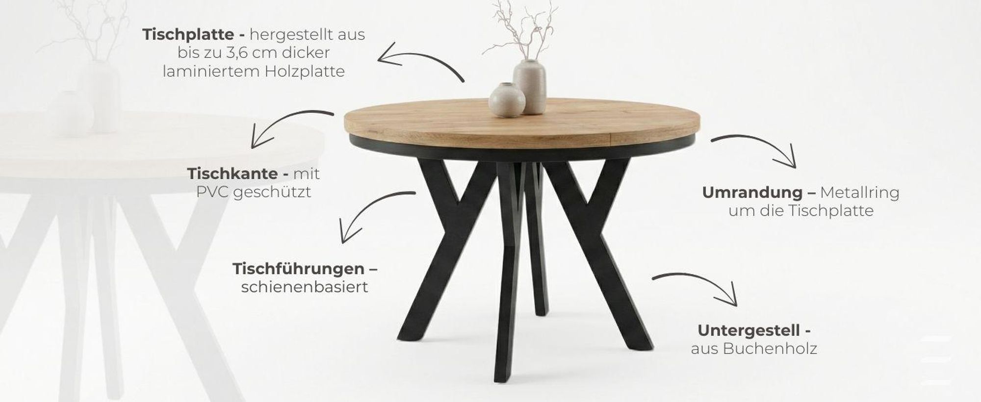 Runder Ausziehbarer Tisch für Esszimmer, PERO mit einem Ring-Gestell, Loft-Stil, Skandinavische, Durchmesser: 100 / 150 cm, Farbe: Weiß / Schwarz