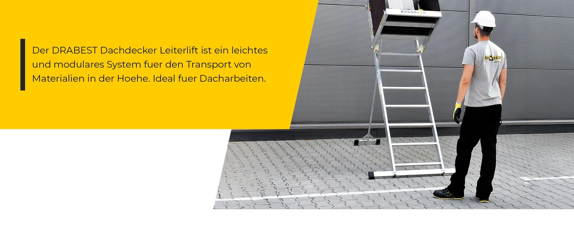 Drabest | Leiterlift Dachdecker, 125 kg Traglast, 1050W Motor, 12 m Seil, Aluminium Konstruktion, Bis 12,5 m Höhe, Transportwagen, Schnelle Montage
