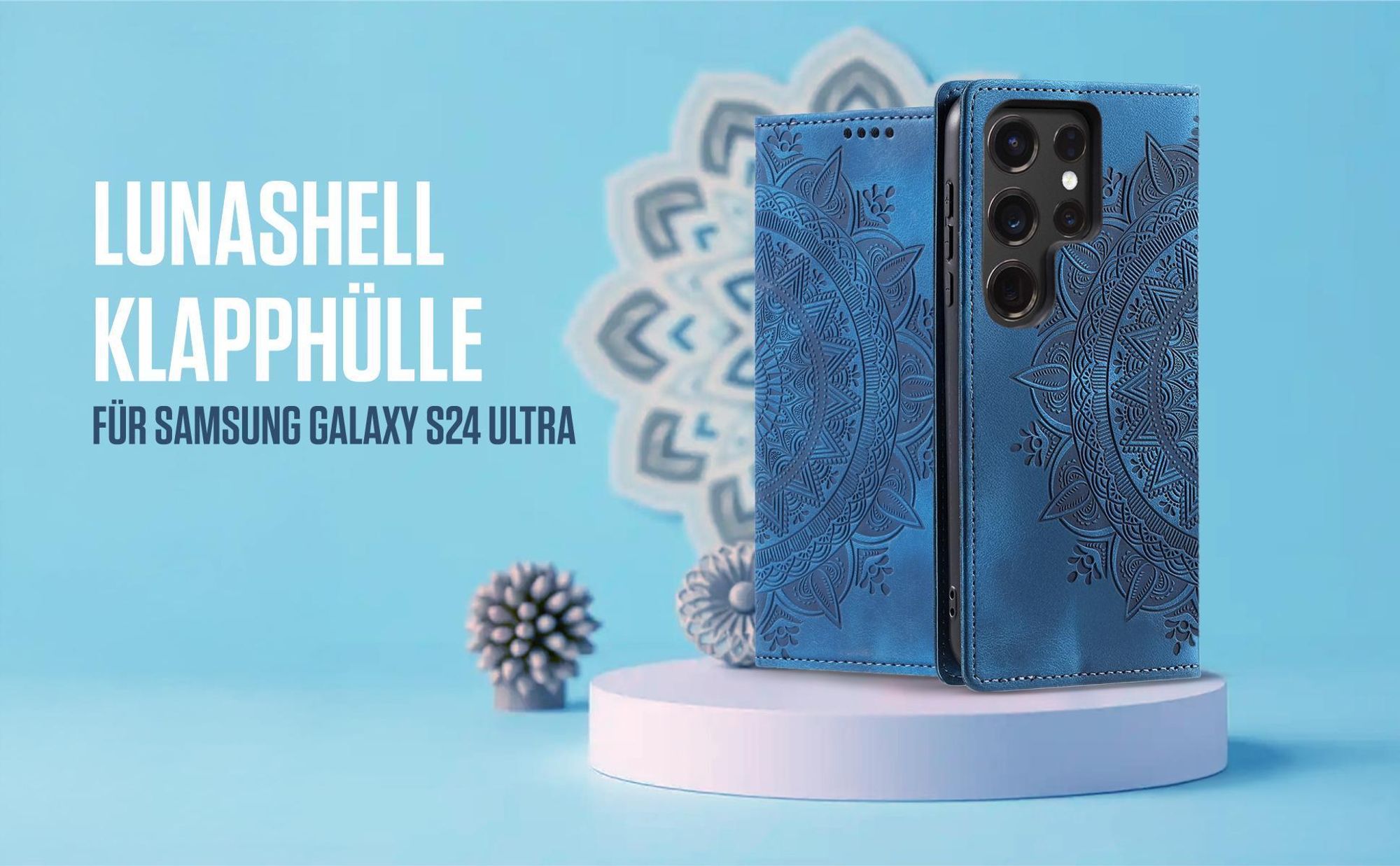 Blaue Klapphülle für Samsung Galaxy S24 Ultra mit feiner Mandala Prägung