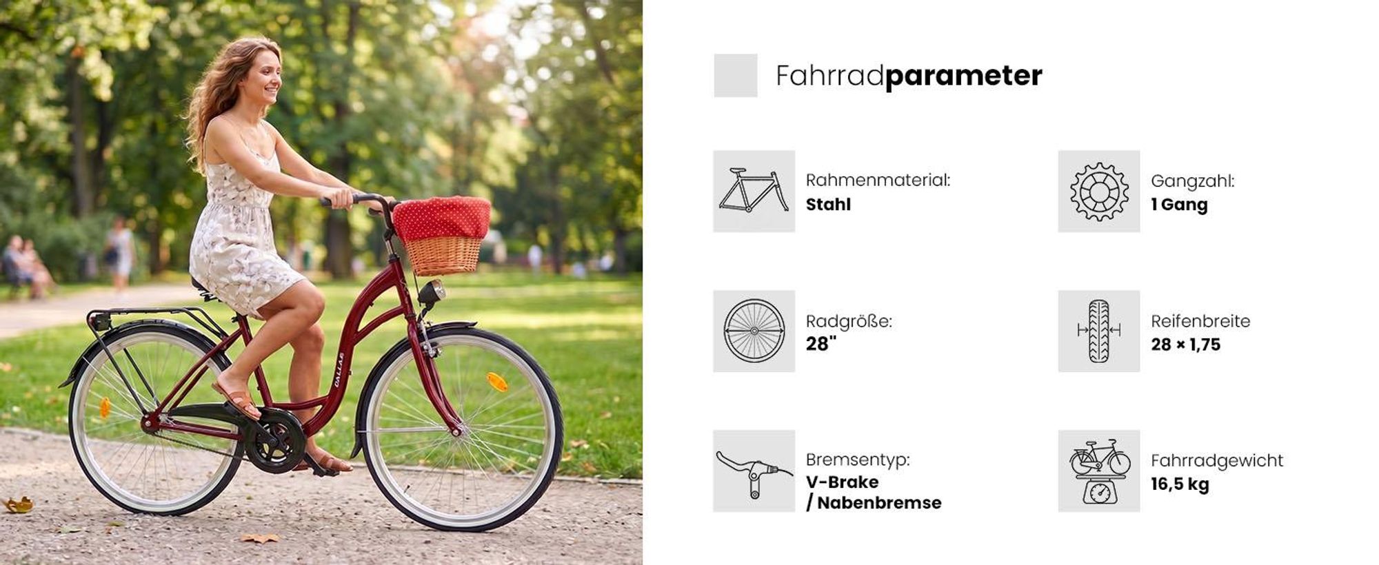 Dallas Bike Damenfahrrad 28 Zoll - Mit Weidenkorb - 1-Gang Rücktritt - Rahmen M 18" - Rot-Schwarz