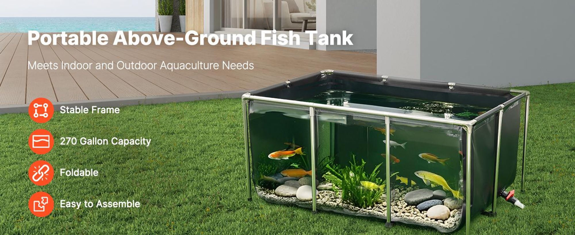 VEVOR Fischteich aus Segeltuch, 1023,3 L Zuchtwassertank, PVC-Koi-Tank mit transparentem Sichtfenster, Aquarium mit Edelstahlrahmen & Ablassventil, zur Zucht von Koi, Goldfisch (schwarz)