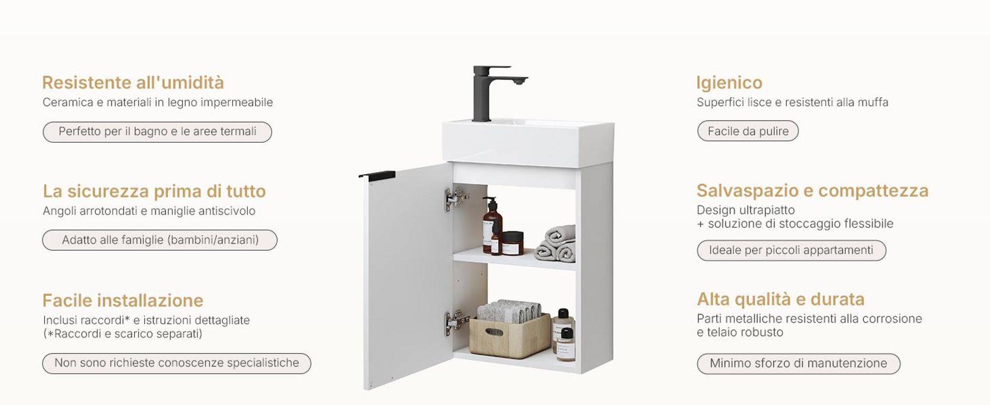 Set lavabo EMKE Mobiletto con lavabo in ceramica 417×240×646 mm sospeso, soft-close , bianco