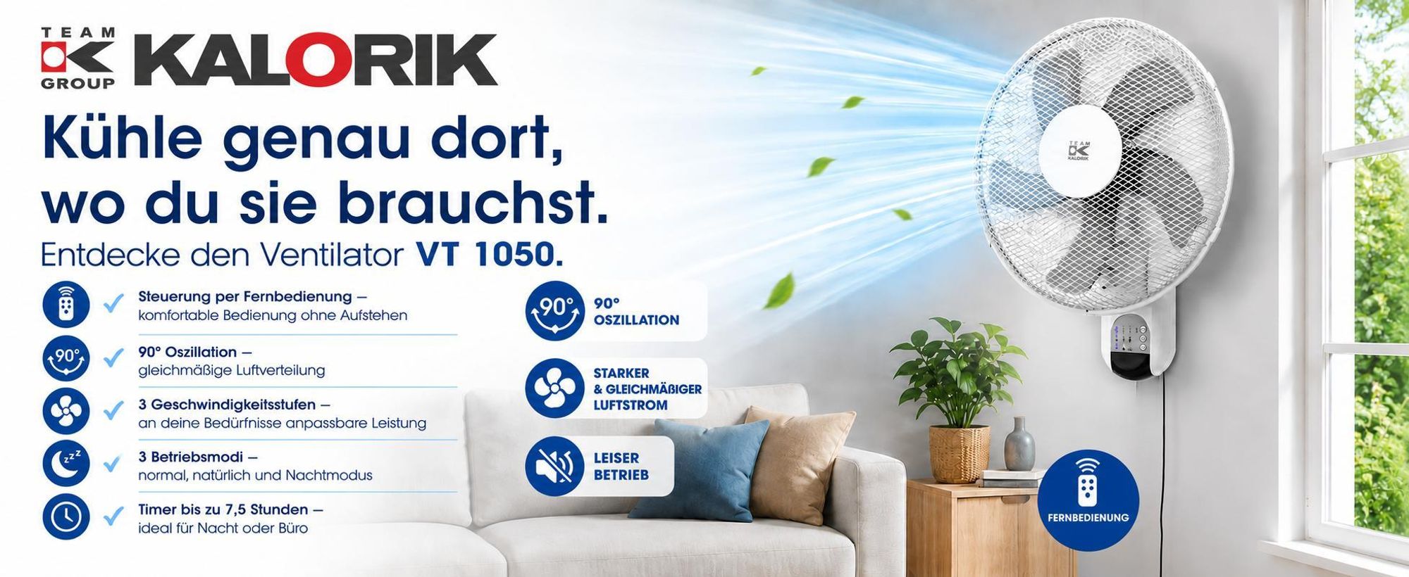 WANDVENTILATOR mit FERNBEDIENUNG WEISS 45W OSZILLATIONSTIMER