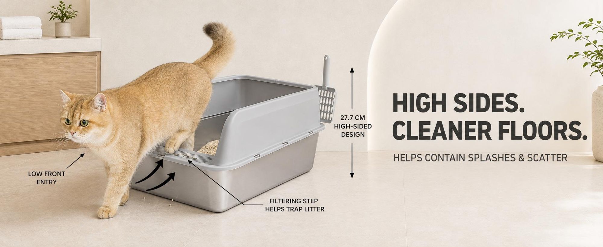WISFOR Katzentoilette Edelstahl, Rostfrei, Katzenklo ohne Deckel, Katzentoilette offen mit Schaufel, Schalentoilette Katze, 60 x 40 x 28 cm