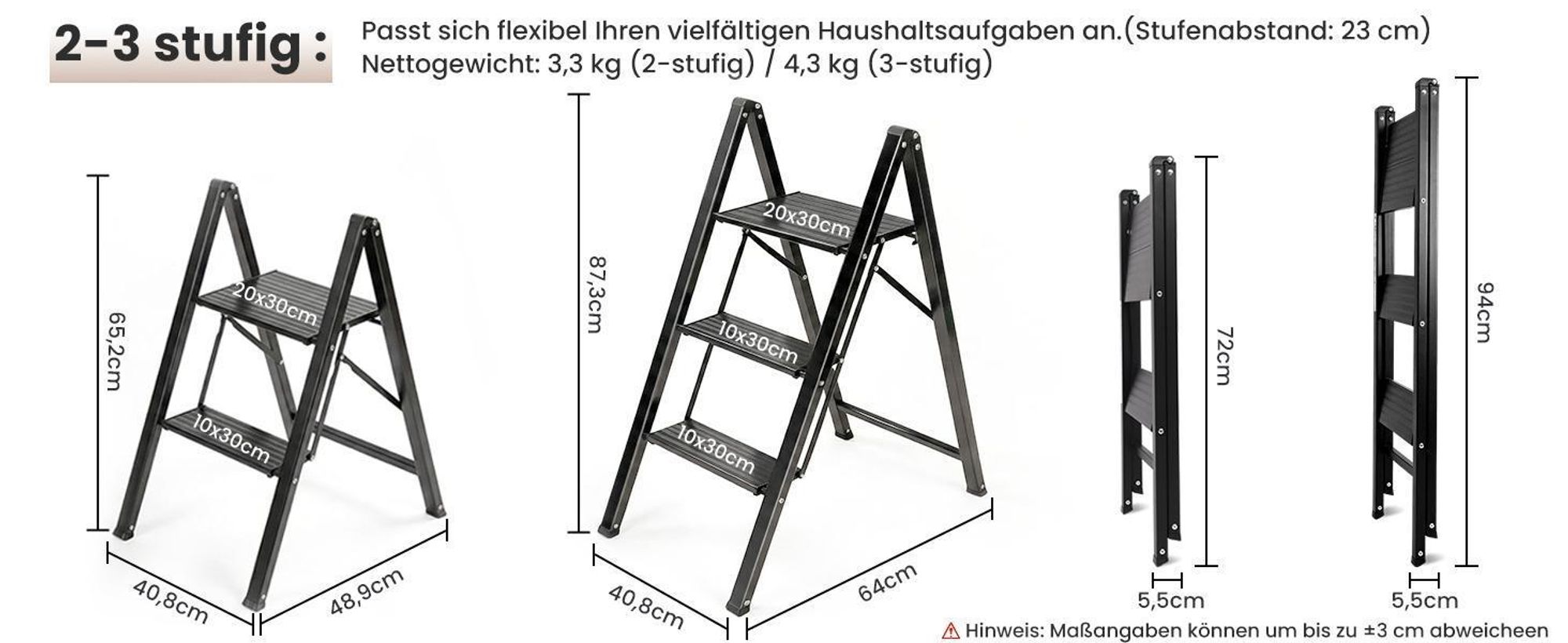 Sekey Aluminium Trittleiter 3 Stufen Klappbar Klappleiter mit breitem Anti-Rutsch-Stufen, Tragbarer Stufenleiter, bis 150 kg