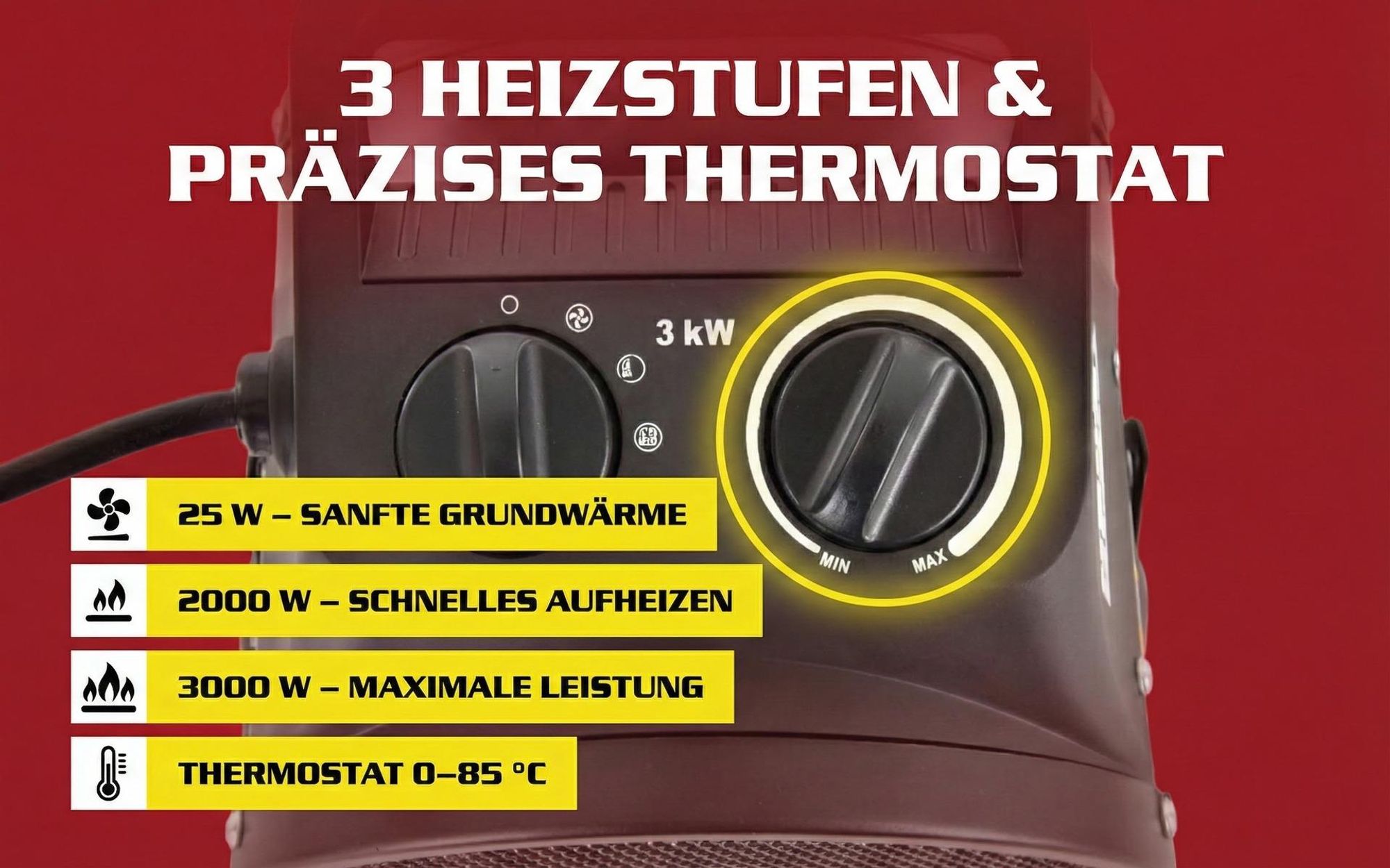 HECHT 3543 Heizlüfter Keramik Elektro | 3000 W | bis 30 m² | 2in1 Ventilator | Thermostat