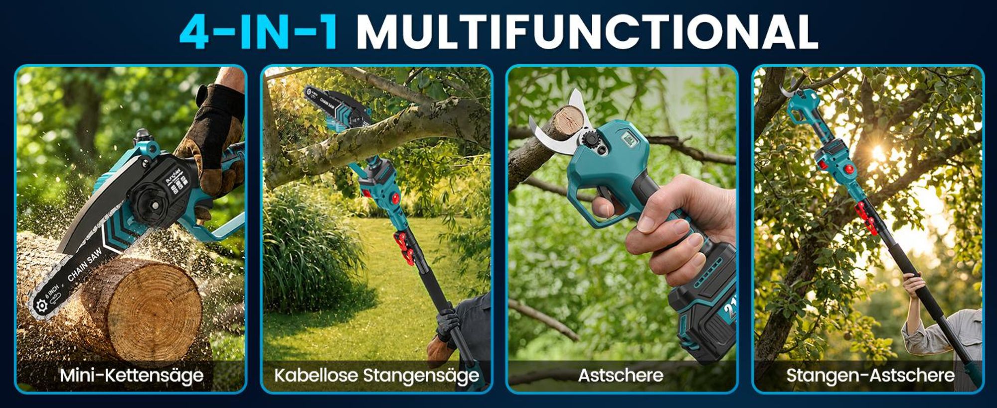 Akku Hochentaster 4-in-1 Bürstenloser Elektro Teleskop Hochentaster Astsäge Gartenschere mit 2× Akku, 2m Stangenlänge, Kompakte Hochentaster zum Baum