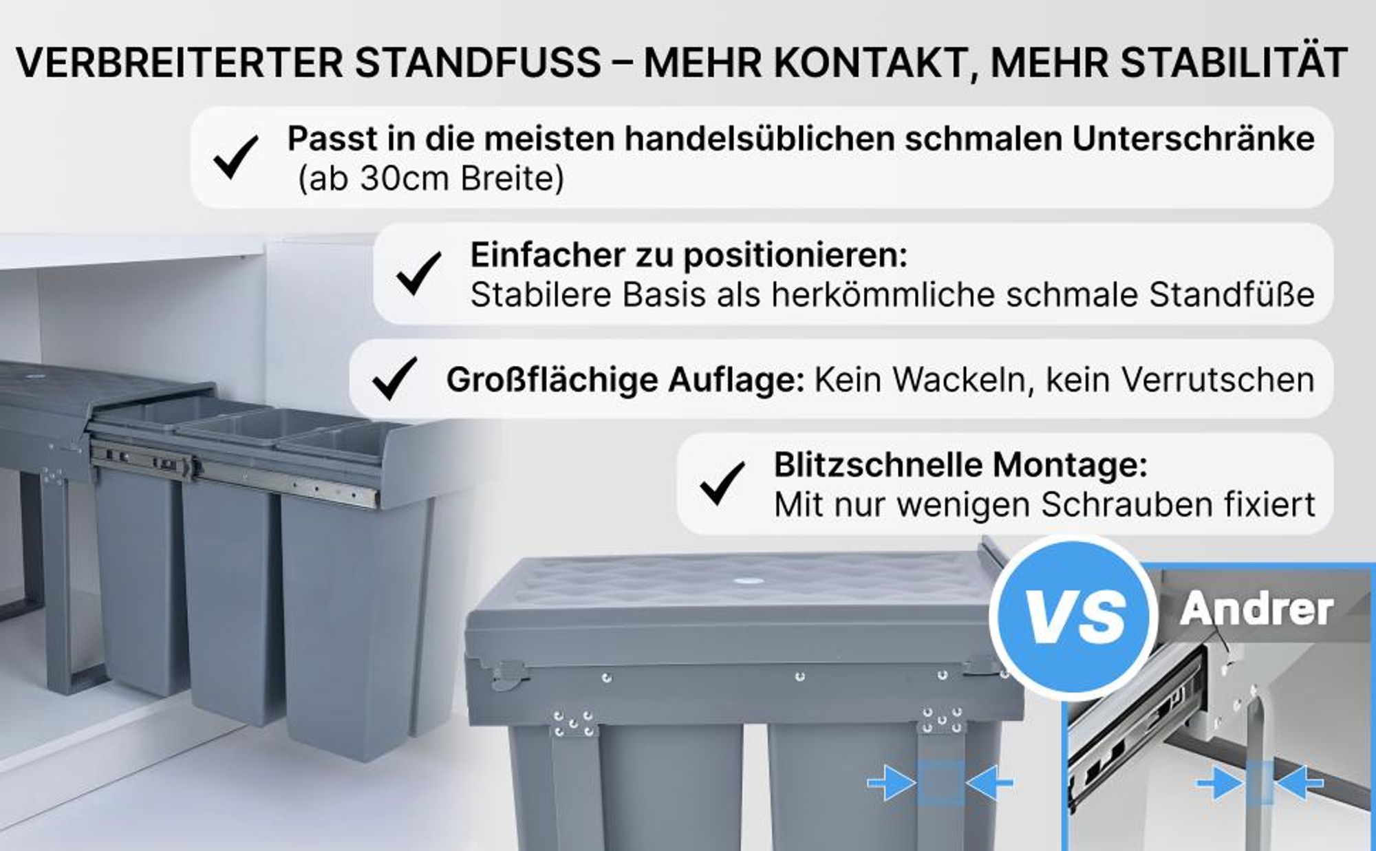 MinteLiv Einbaumülleimer 3x10L Mülltrennsystem Ausziehbar, Stahlrahmen, 48x26x42cm
