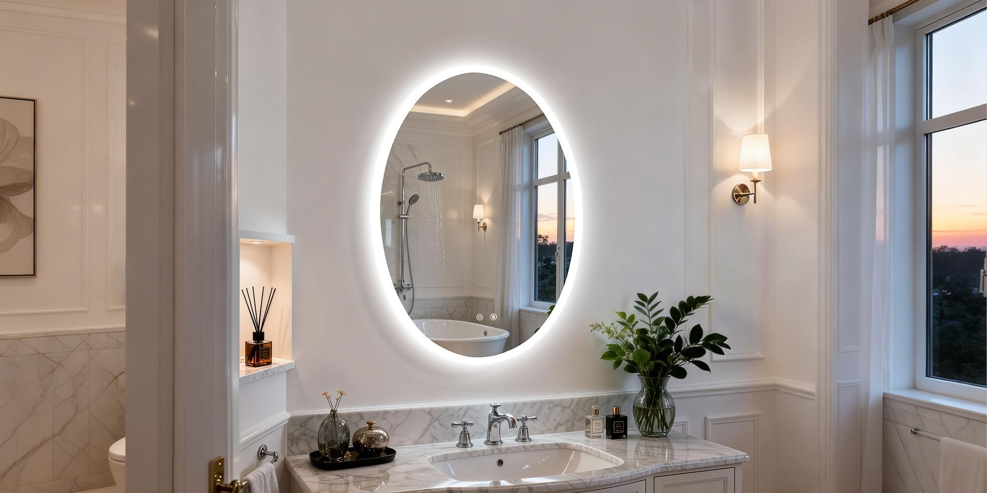 WISFOR Oval LED Badezimmerspiegel 50x70 cm Wandspiegel mit Beleuchtung Touch Dimmbar Speicherfunktion IP66