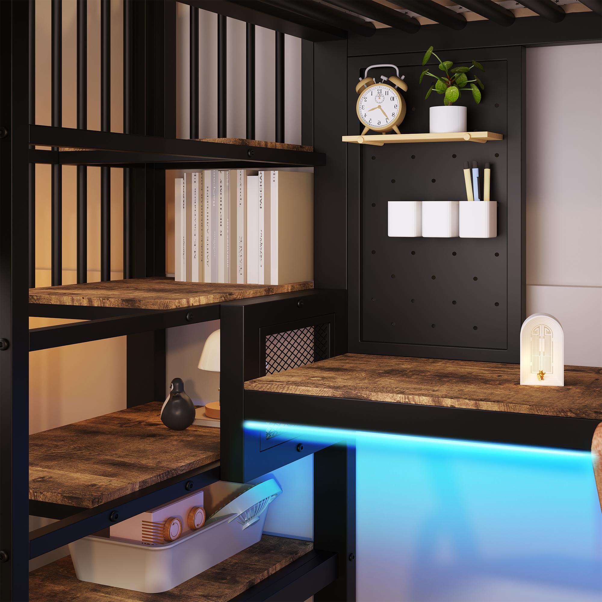 Flieks Etagenbett 140x200cm mit Schreibtisch und Ladefunktion, Hochbett Jugendbett mit Led und Stauraum, Kinderbett Metallbett mit Lattenrost, Schwarz