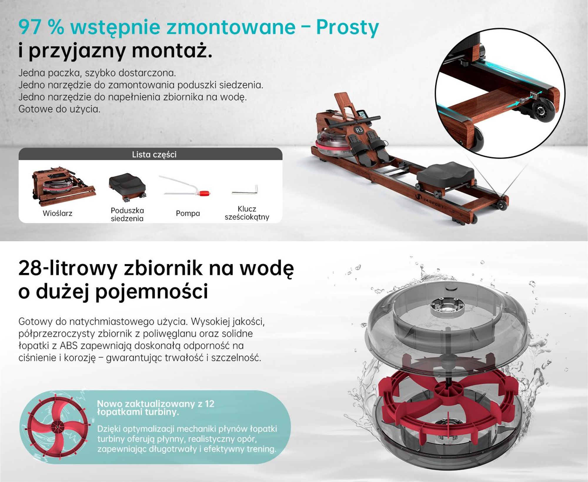 Składany wioślarz JASPORT R3 z wyświetlaczem LCD z funkcją Bluetooth, kompatybilny z Kinomap, 28-litrowy zbiornik na wodę, udźwig do 150 kg