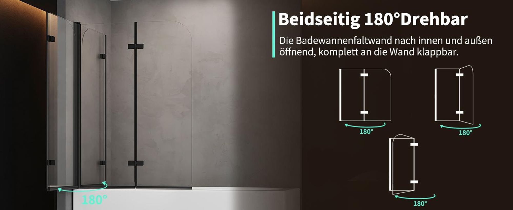 Duschabtrennung 120x140cm Duschwand für Badewanne 2-Teilig Faltbar Badewannenaufsatz Klar Schwarz ESG GLAS Badewannenfaltwand
