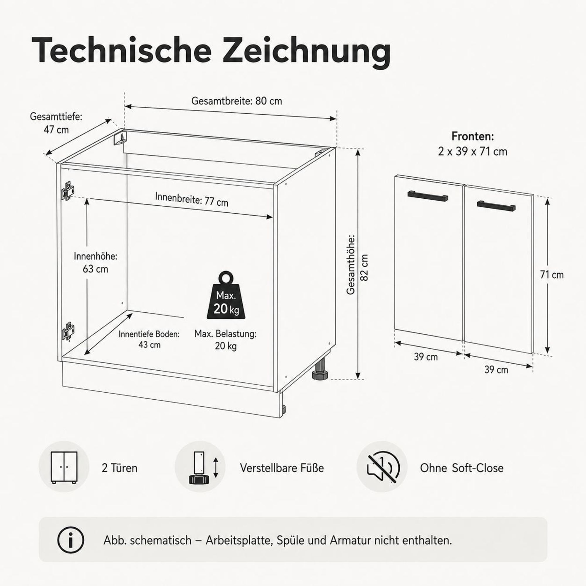 Spülenschrank 80 cm Weiß Matt: Technische Zeichnung, Bemaßung & Innenhöhe.