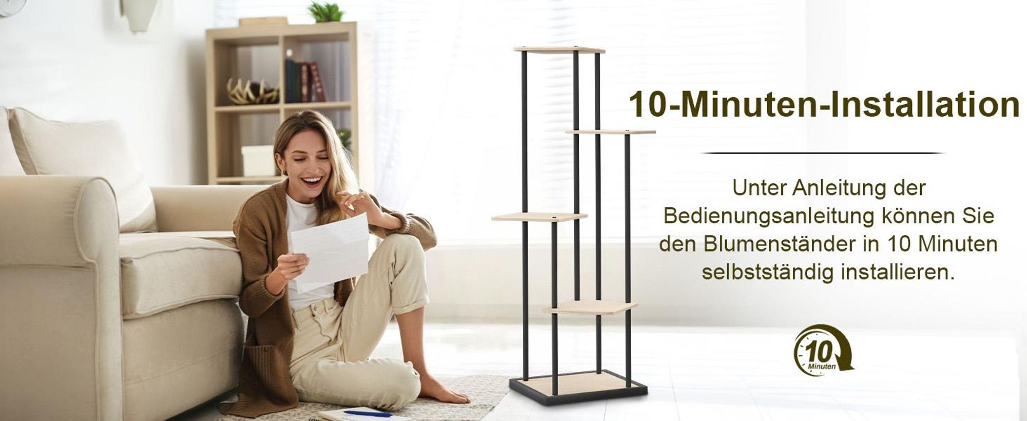 Ribelli Pflanzentreppe 5 Etagen Pflanzenständer, Blumenständer 106cm Höhe Blumenregal aus Holz und Metall, Deko für Balkon Garten Wohnzimmer, Holz