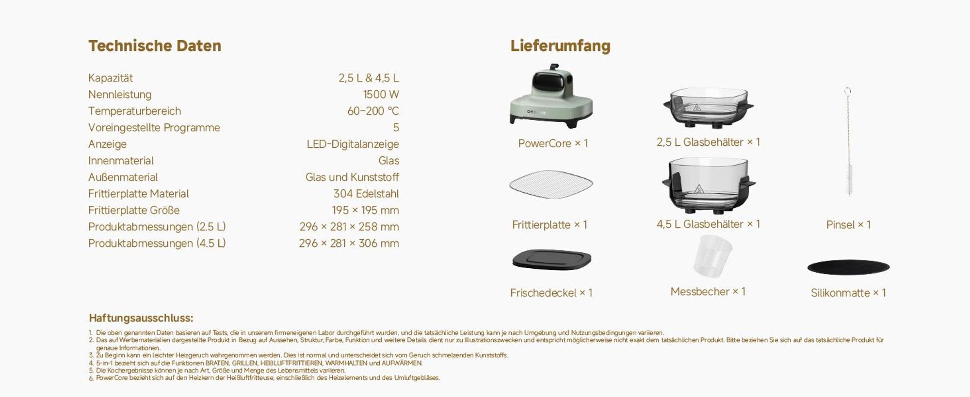 Dreame Tasti AirFryer 5-in-1 Heißluftfritteuse,6mm starkes,tragbares Borosilikatglas,3D-Heißluftzirkulation,spülmaschinenfest,360°Sicht,2.5l+4.5l,Grün