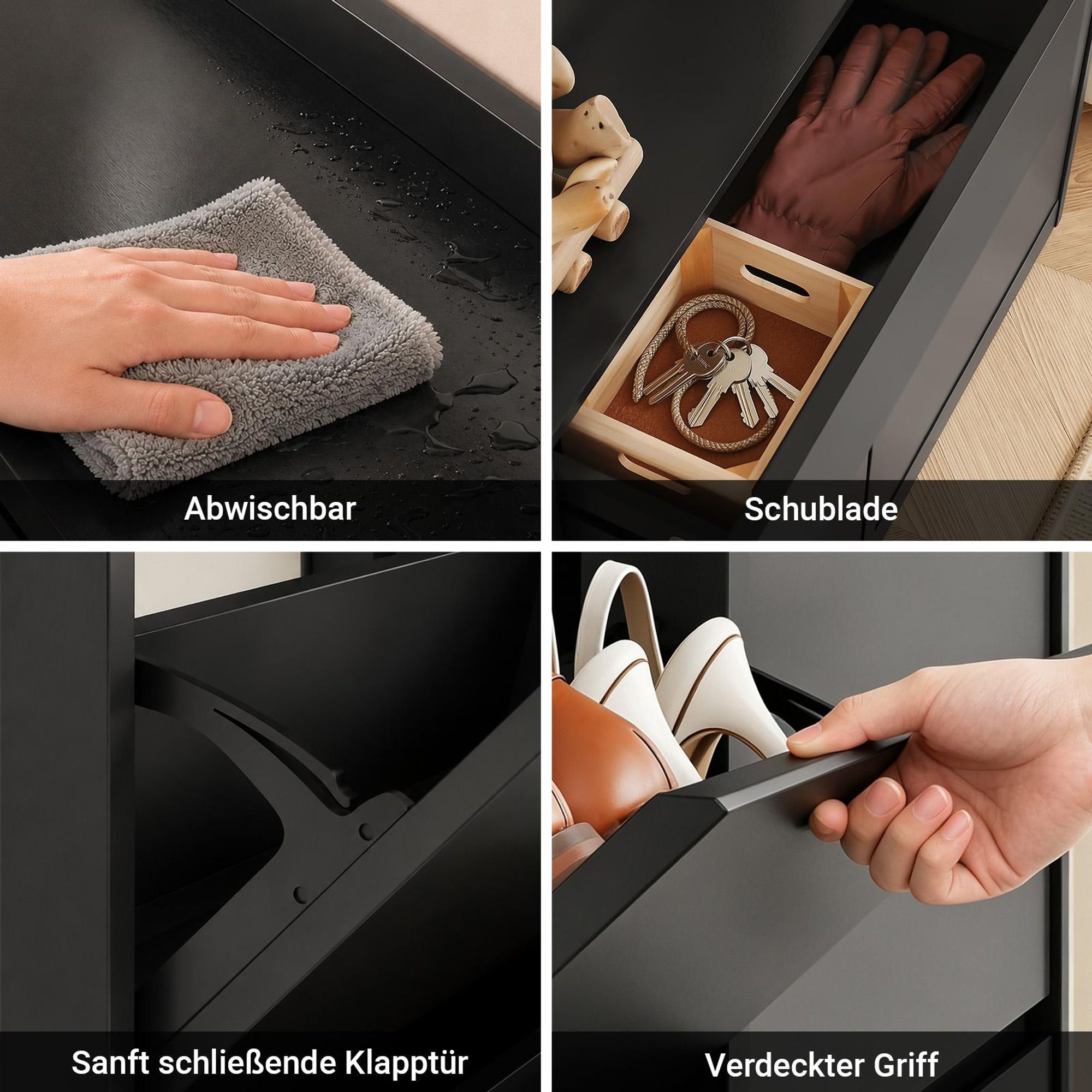 SoBuy Schuhschrank mit Klapptüren und Schubladen, moderner Schuhschrank für Diele, schwarz Rechteckiger Korpus FSR169-SCH