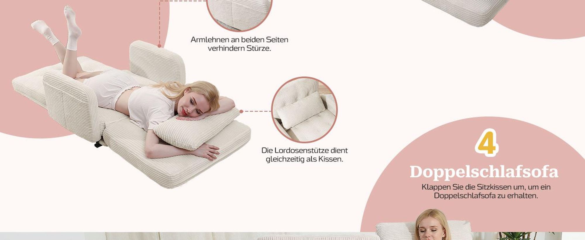 Bodenhohes Sofa,- mit Schlaffunktion, erhältlich in verschiedenen Farben, moderner Cordstoff, Elfenbeinweiß