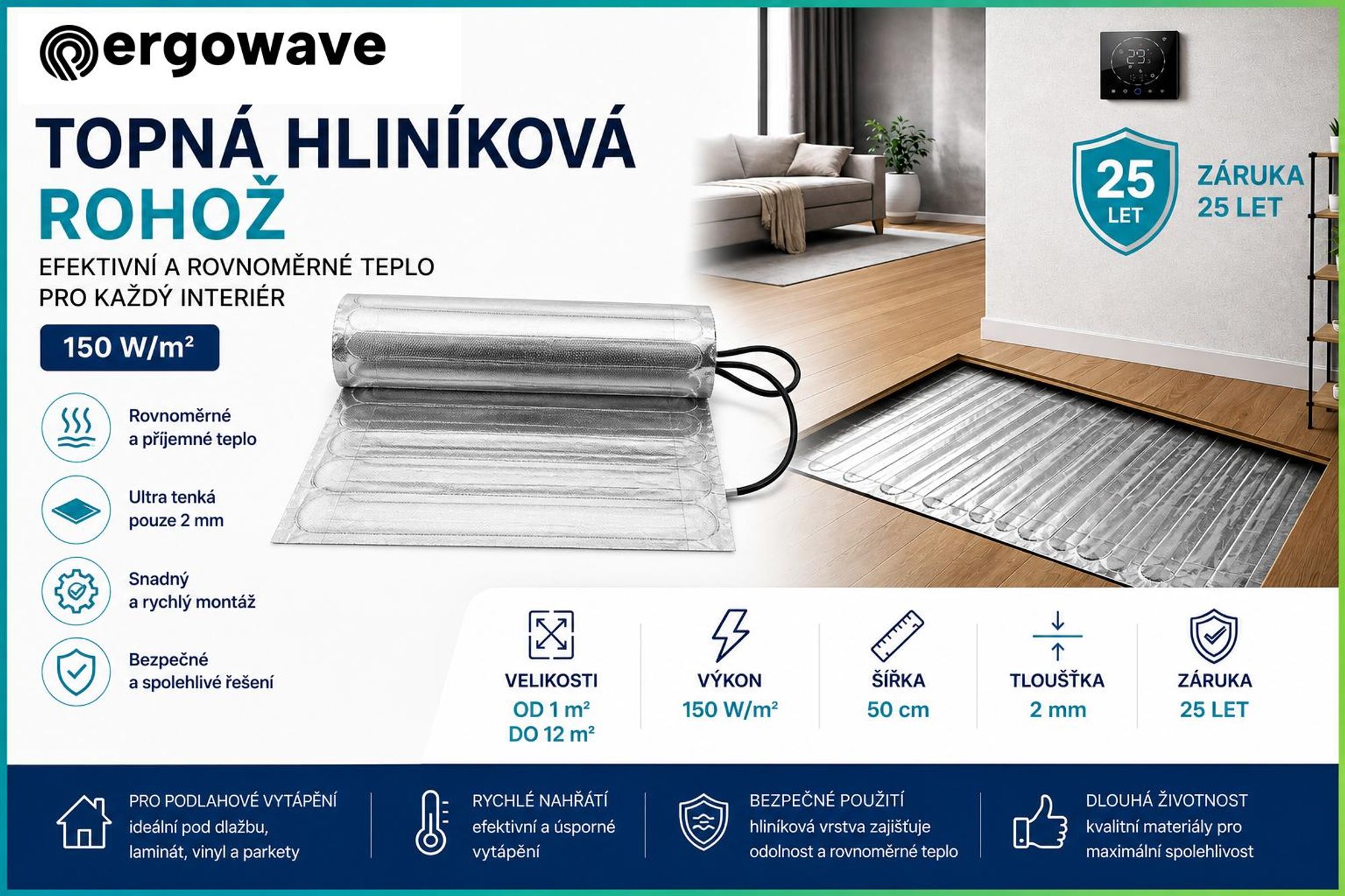 ergowave ANET150W Hliníková topná rohož pro laminátové a parketové podlahy | 12 m² | 150 W/m² | elektrické podlahové vytápění