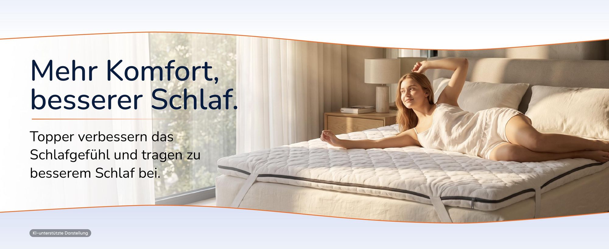 Frau liegt auf einem Bett mit aufgelegtem Topper