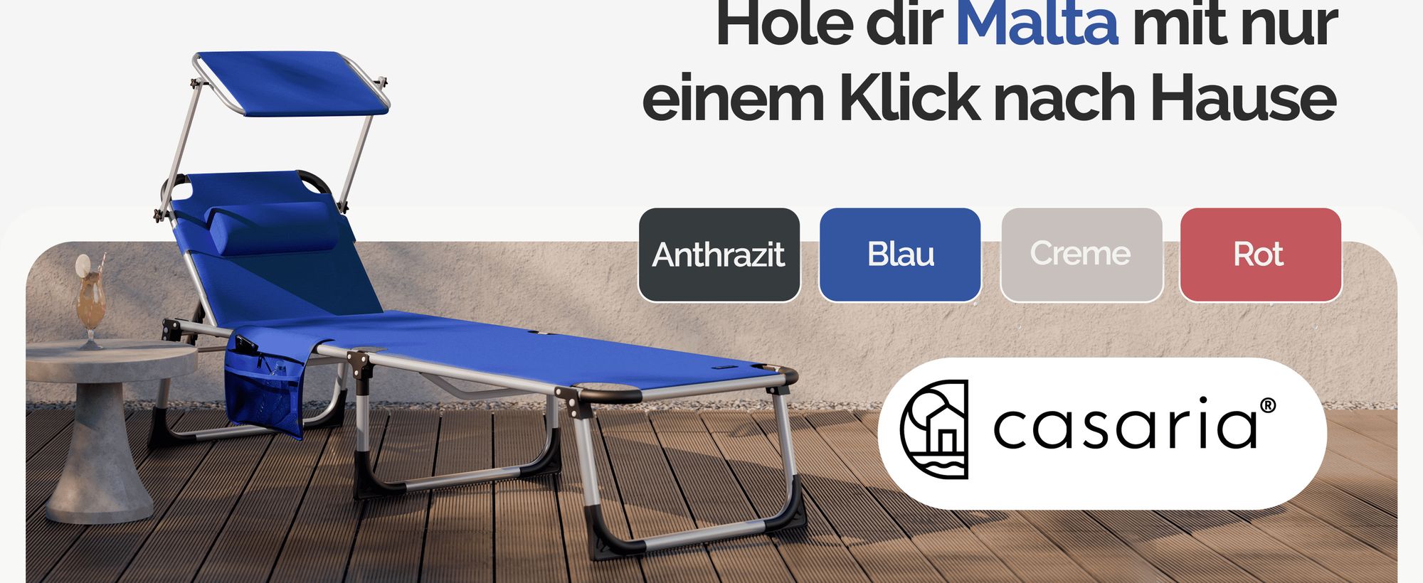 CASARIA® Sonnenliege Klappbar 180kg Belastbar Seitentasche Abnehmbar Wetterfest Gartenliege mit Dach Kopfkissen Leicht Alu Liegestuhl Strandliege Blau