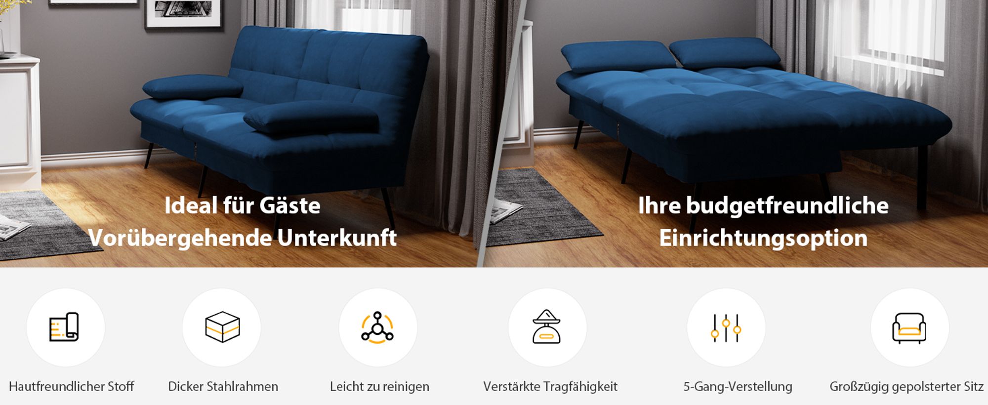 COMHOMA Sofa Schlafsofa mit Schlaffunktion, überzug Futon Klappsofa, Bettcouch, ecksofa, Couch Gästebett, 3-Sitzer Sofa, mit verstellbare Rückenlehne aus Stoff, blau
