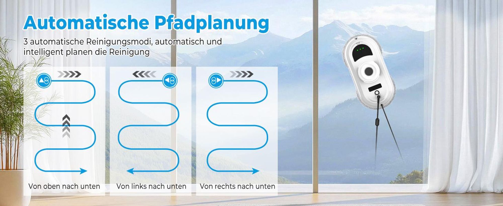 Fensterputzroboter, Fenstersauger, Fensterputzer, Fensterreiniger Elektrisch, 5600Pa Saugleistung, 3 Reinigungsmodi, Intelligente Pfadplanung