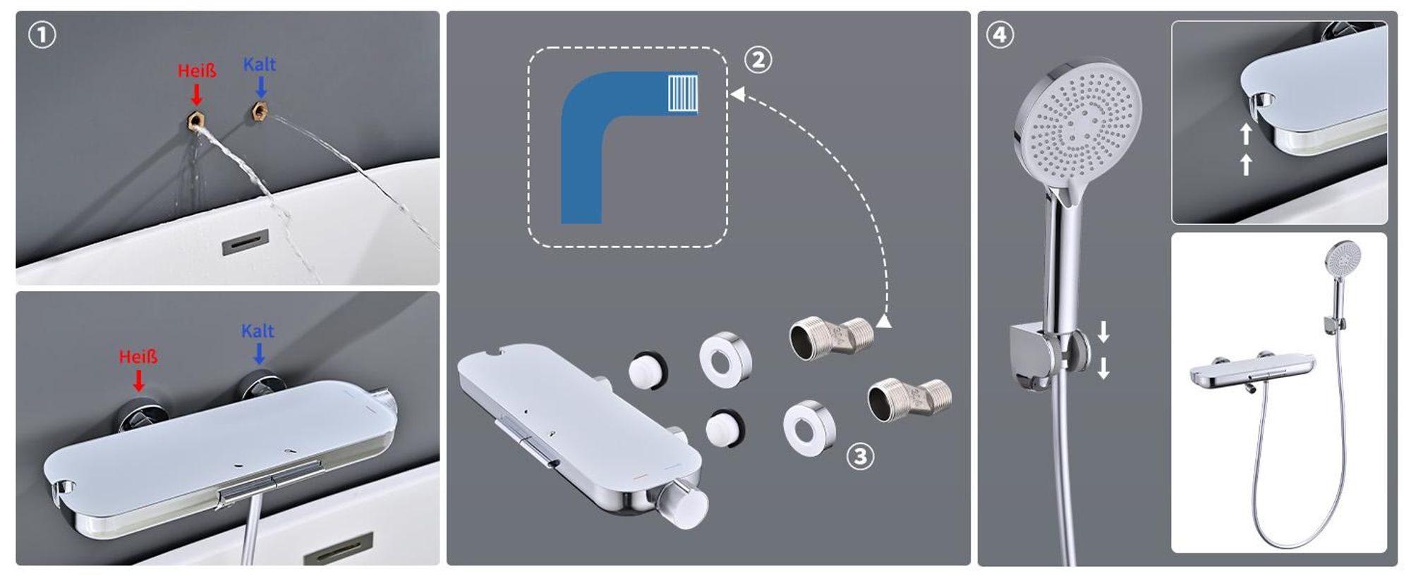 Homelody Brausebatterie-Set, Brausebatterie mit Handbrause & Ablage, Badewannenarmatur Brausehalter und Brauseschlauch inkl. Chrom