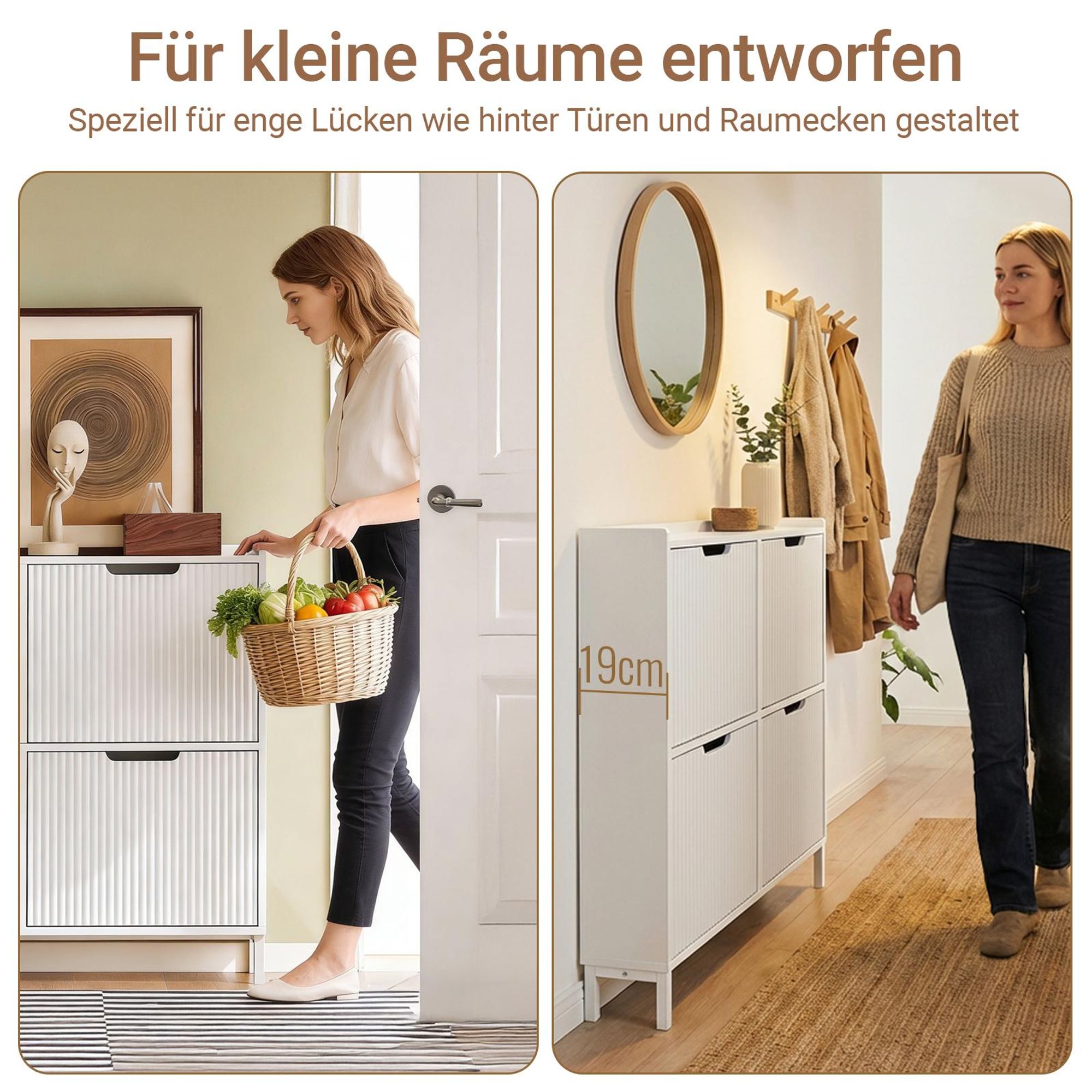 SoBuy schmaler Schuhschrank 19 cm tief mit 4 Klappen Schuhkipper für Flur mit modernem Linien-Design platzsparendes Schuhregal für Eingänge FSR177-L-W