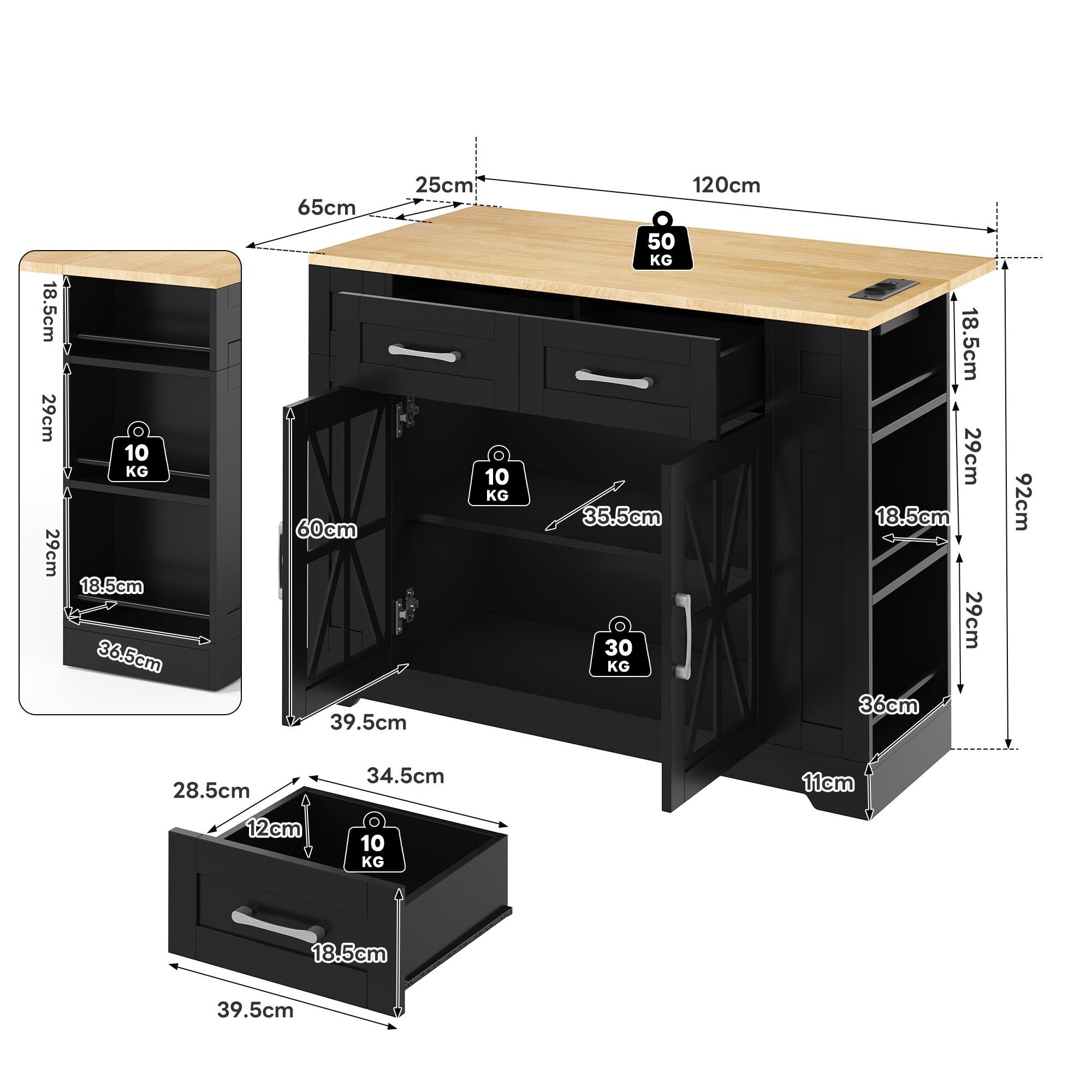 Flieks Servierwagen mit klappbarer Arbeitsplatte, Küchenwagen mit AC-Anschluss und USB-Anschluss, Küchenschrank mit Glastüren, Schwarz