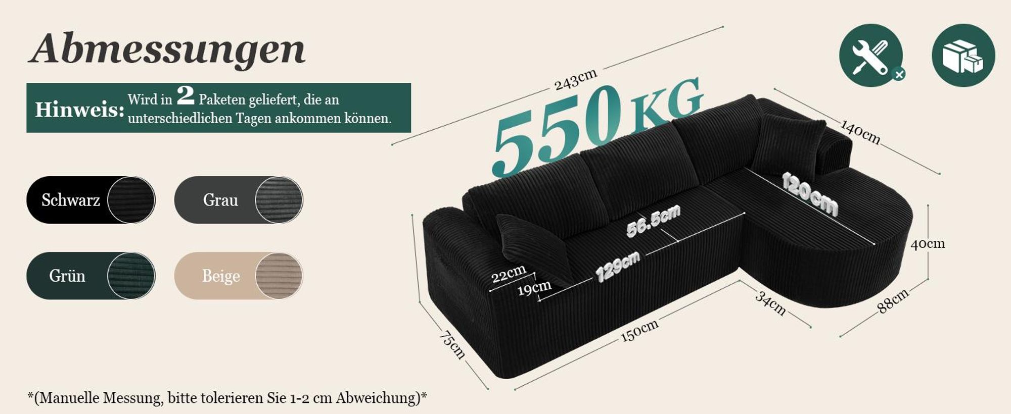 Sofa Ecksofa mit Schlaffunktion, Corduroy Modulares Boneless Couch mit Chaiselongue, L-Form Schlafsofa, Sektionssofas mit Kissen & Seitentaschen 243cm