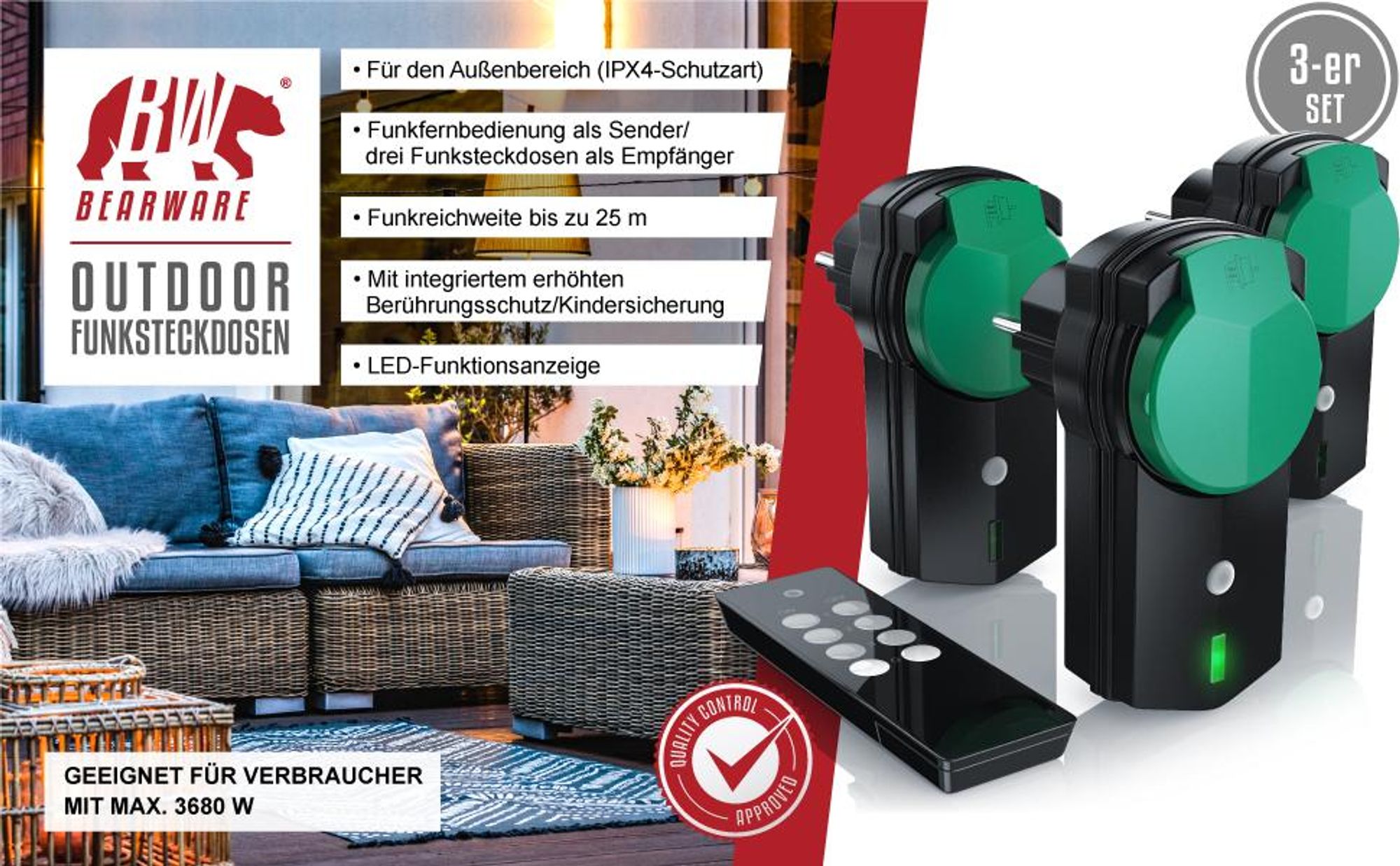 BEARWARE Außenbereich Funksteckdosen Set mit Fernbedienung - 3x Outdoor Funkschalter Steckdosen
