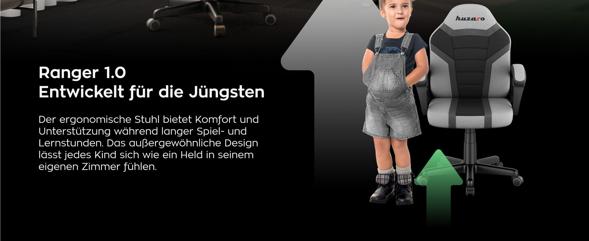 Huzaro Schreibtischstuhl Kinder Ranger 1.0 Gaming Stuhl Racing Sessel Bürostuhl Drehstuhl Gamer bis 130 kg mesh Grau