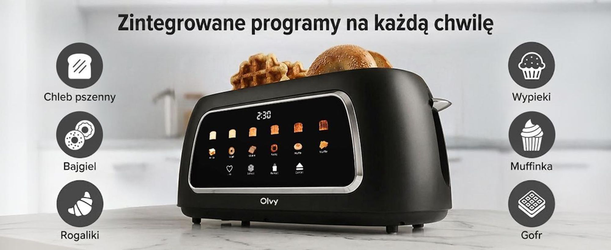 Toster Olvy na 4 kromki, długie otwory, wyświetlacz cyfrowy z timerem, 6 stopni opiekania, szerokie otwory, funkcja rozmrażania i podgrzewania, 1500 W, czarny