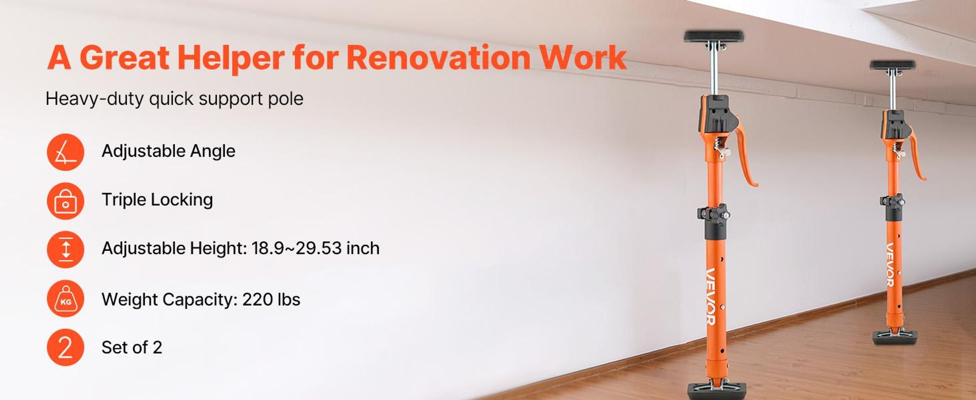 VEVOR Einhandstütze, 2 Stk., Deckenstütze 48–75cm, Teleskopstütze aus Stahl, Montagestütze bis zu 100kg Kapazität zum Installieren von Schränken, Anheben von Trockenbauwänden, Frachtstangen