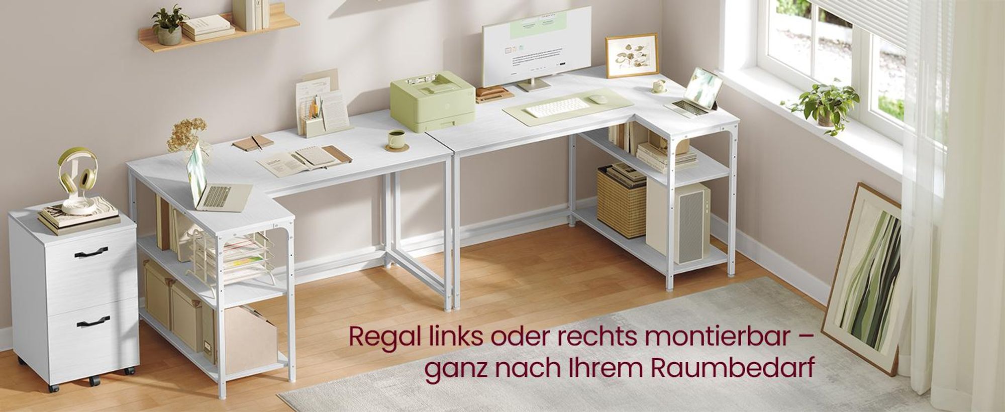 VASAGLE Schreibtisch mit Stauraum, L-Form Computertisch, höhenverstellbare Ablage, Büro, 110 x 80 cm, weiß