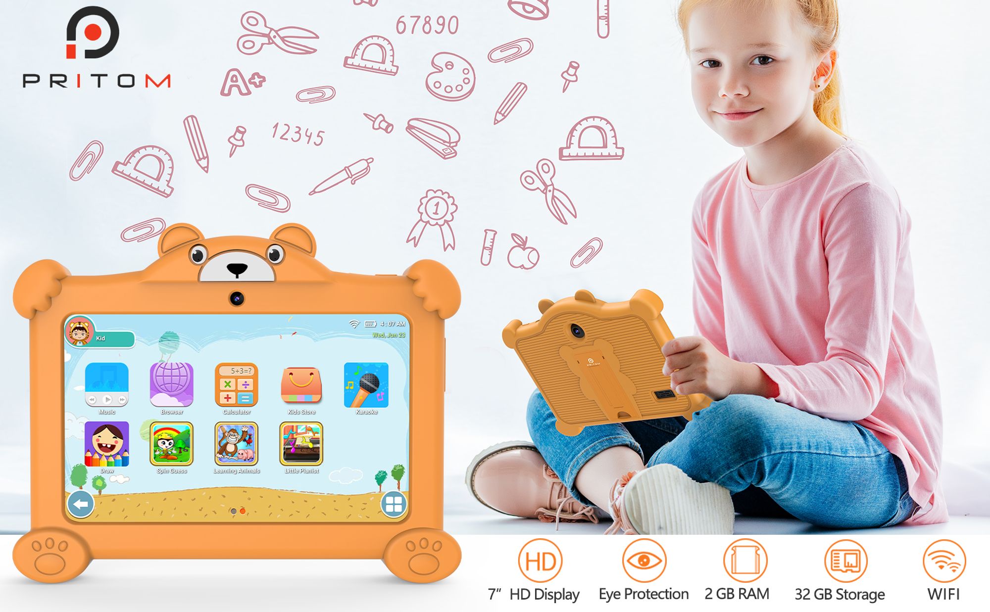 7-Zoll-Kleinkind-Tablet für Kinder Android 11 2 GB RAM 32 GB ROM installierte Kindersoftware, mit bärenförmiger Schutzhülle, Orange