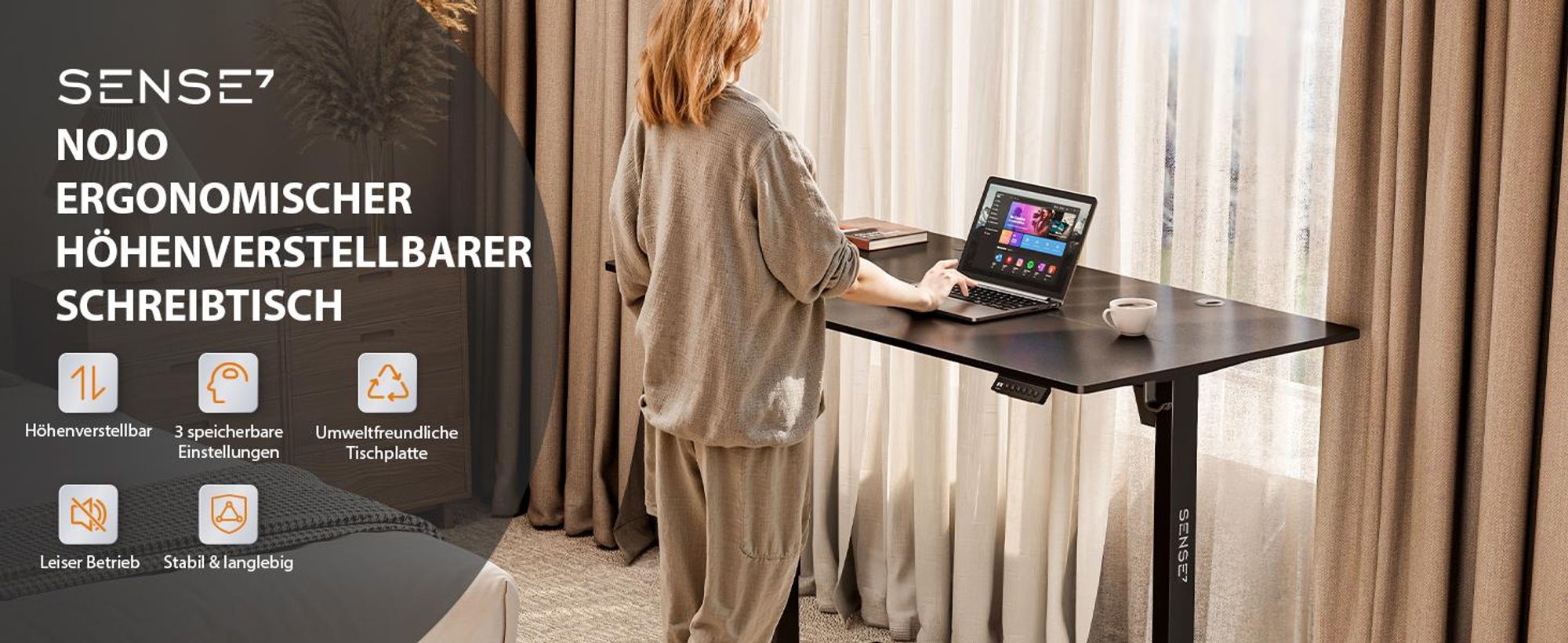 SENSE7 Nojo Höhenverstellbarer Schreibtisch 140x70 cm Elektrisch Schwarz Gaming Tisch Computertisch Standing Desk Memory Funktion Kabelmanagement XXL