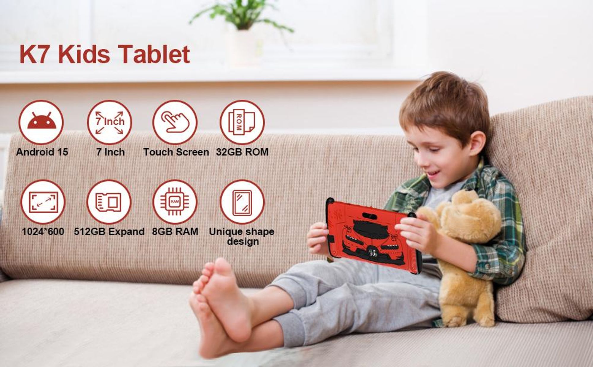 PRITOM 7" Android 15 Tablet für Kinder, 3 GB RAM 32 GB ROM, Kindersoftware vorinstalliert, WLAN, mit cooler Hülle in Sportwagenform, Rot