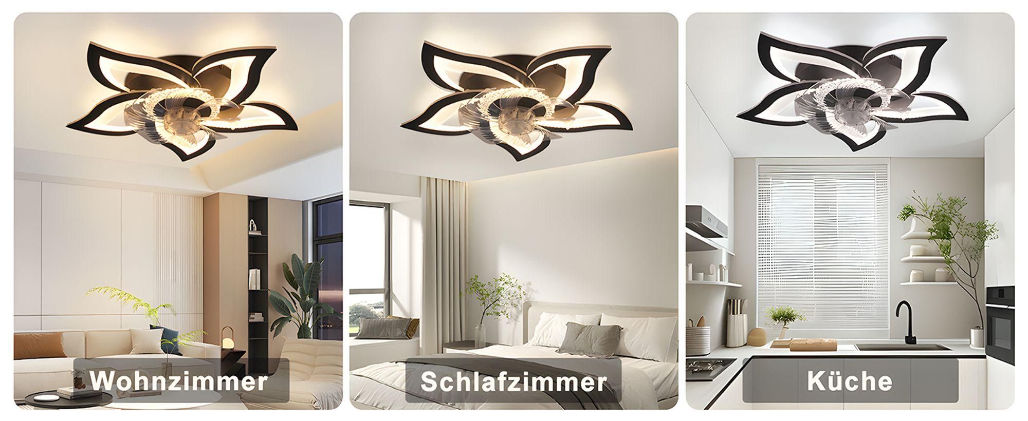 ZMH LED stropný ventilátor, stropné svietidlo s ventilátorom, tichý, s diaľkovým ovládaním, stmievateľný, 3 farebné teploty, 6 rýchlostí, časovač, stropné svietidlo 48 W, čierne, do obývacej izby