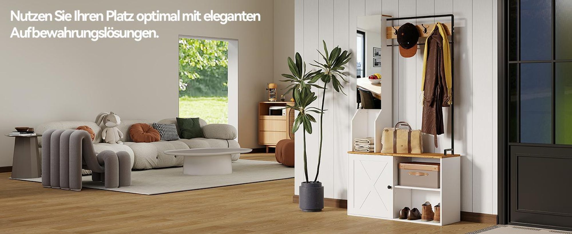 Puluomis Garderobe mit Spiegel & Schuhbank, Multifunktions-Kleiderständer mit Aufbewahrungsregal, 4 Doppelhaken, verstellbarem Schuhregal, 90cm weiß