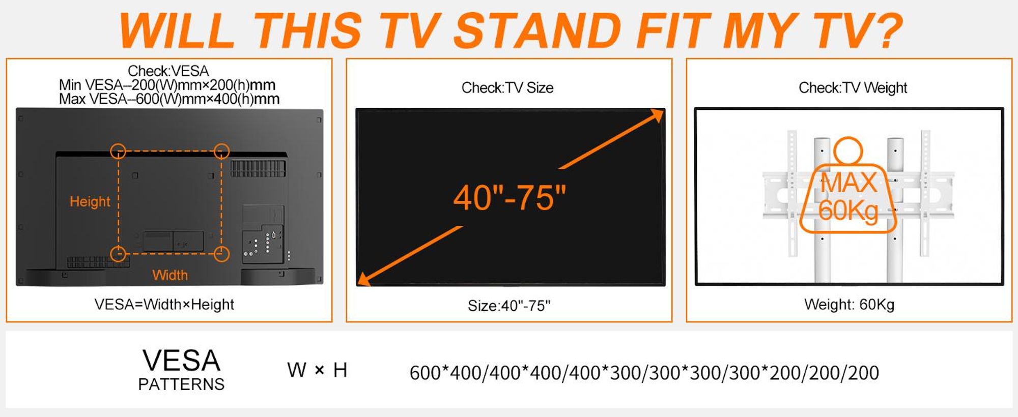 WISFOR TV Standfuss Höhenverstellbar, TV Ständer Rollbar, TV Bodenständer mit 2 Ablagen für 40-75 Zoll Fernsehstand, VESA 600x400mm, bis Max 60kg