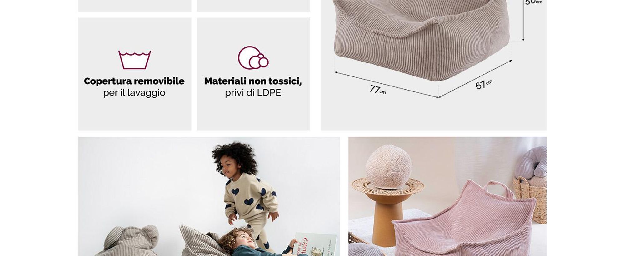 MISIOO Beanbag Kids - Grande beanbag - Grande borsa per bambini - Materiale a coste - 77x67x50 cm - Tessuto lavabile - Maniglia per un facile trasporto - Beige