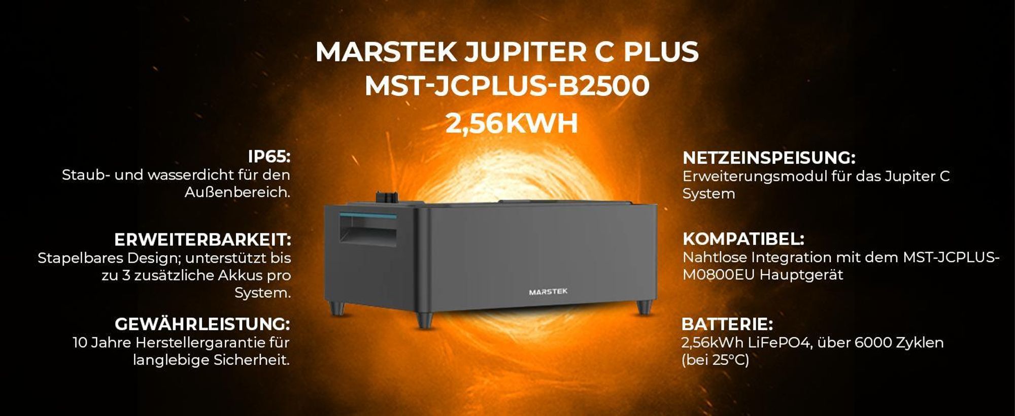Speicher MARSTEK Jupiter C + Plus Erweiterungsakku Solarspeicher 2,56kWh LiFePO4 Solarakku für PV Systeme Balkonkraftwerk 6000 Zyklen, WIFI uBluetooth