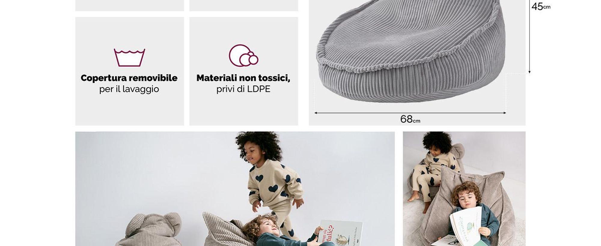 MISIOO Beanbag Kids - Lavabile - - Struttura robusta e morbida - Materiale in corda - 68x45 cm - Perfetto per la cameretta dei bambini - Grigio