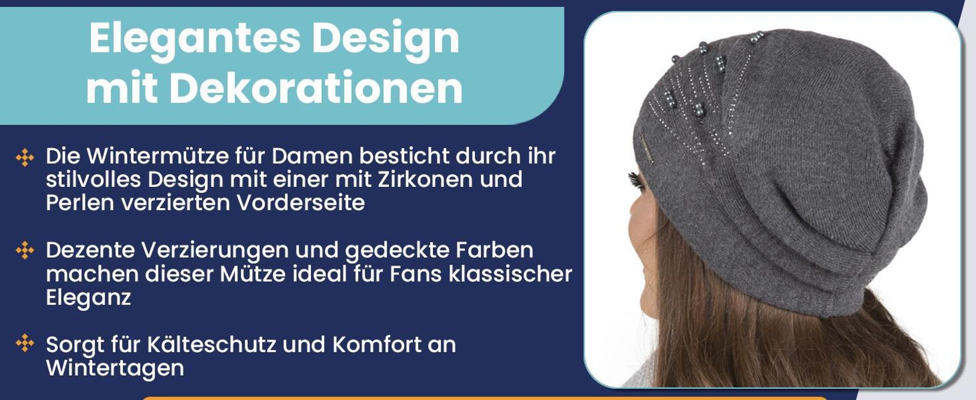 Vivisence Damen mütze verziert Universalgröße - Elegante Beanie für Frauen Wintermütze Strickmützen herbst Wollmütze warme Kopfbedeckung - Dunkelgrau