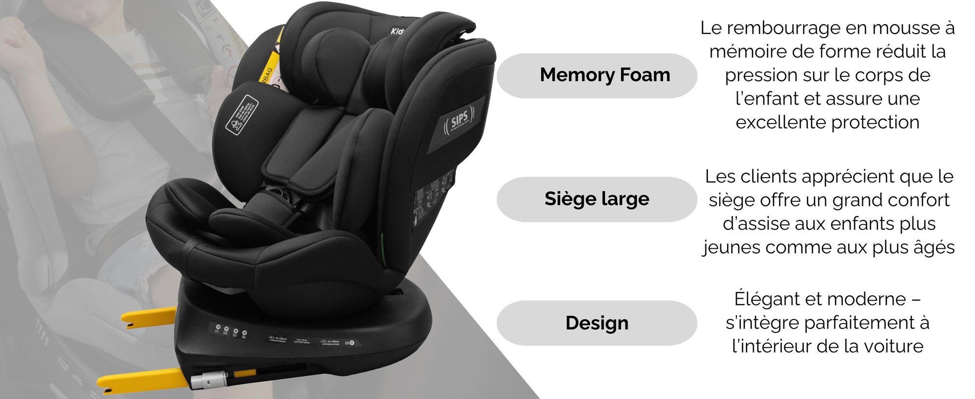 Siège auto KidsZone noir avec mousse à mémoire de forme, assise large et design moderne