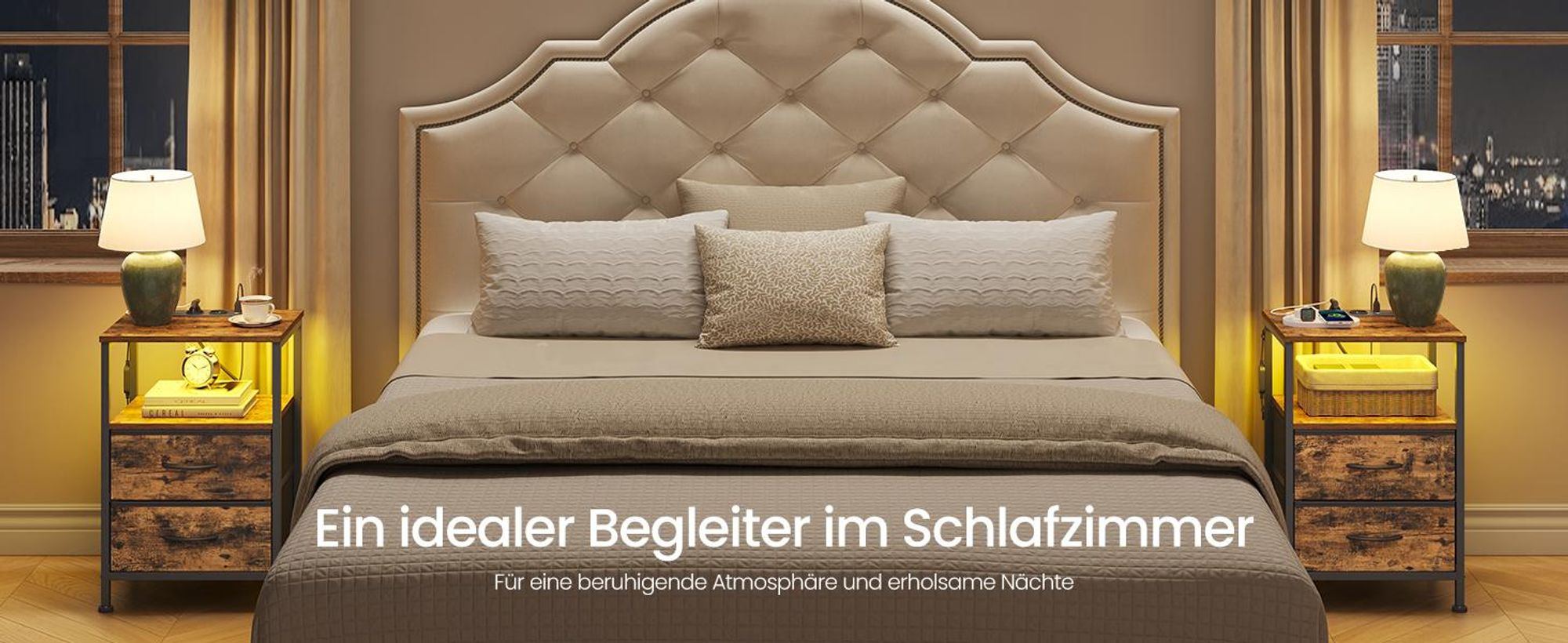 SONGMICS Nachttisch mit LED-Beleuchtung und Ladestation, 2er Set, Nachttisch mit 2 Schubladen und offenem Fach, braun