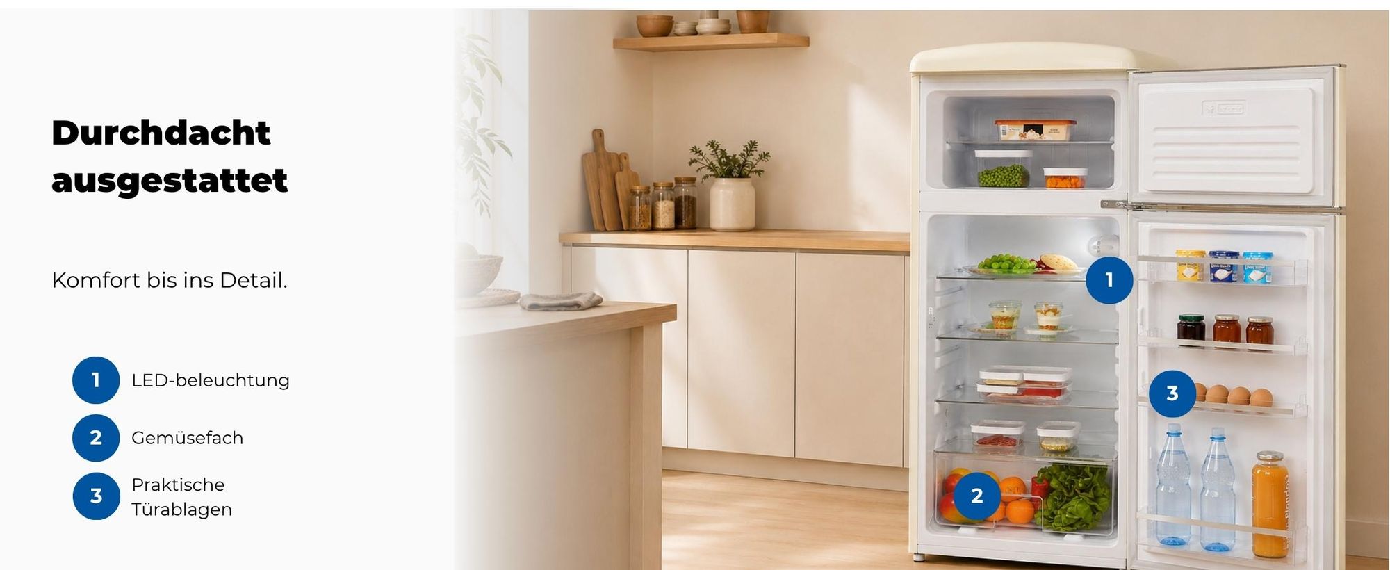 Exquisit Retrokühlschrank RKGC270-45-H-160E magnolienweiss | Standgerät | 206 l Volumen | magnolienweiß
